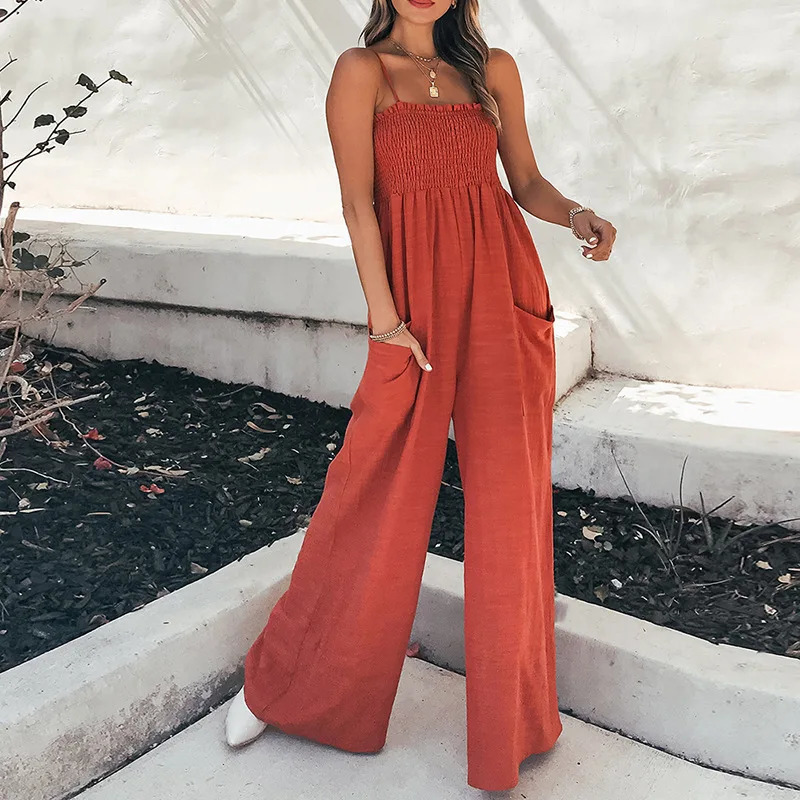 Womens Jumpsuit Suspender Straps Pleated High Waist Wide-leg Pocket Fashion High Street One Piece Pants Set 250314
