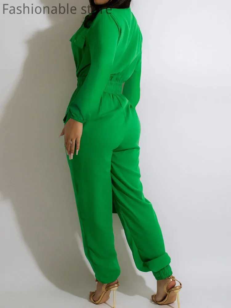 Womens jumpsuit pocket front button brushed straight jumpsuit solid color wrapped cargo pants X250318