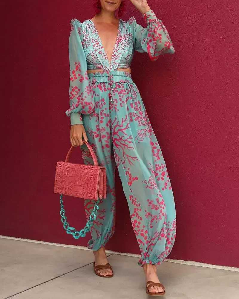 2025 sexy V-neck jumpsuit summer long slip loose Playsuit full set womens elegant printed pocket jumpsuit wide leg pants X250318