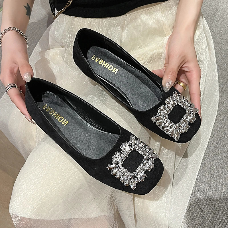 Women Square Heel Round Toe Crystal Pumps Plus Size 35-42 Black Elegant Office Shoes For Ladies Comfortable Slip Ons 3.5cm 250318