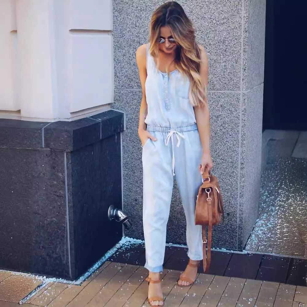 Womens Summer Jeans Jumpsuit V Neck Slveless Vest Waist Slim Fashion Drawstring Denim Long Jumpsuit Lady Vest X250318