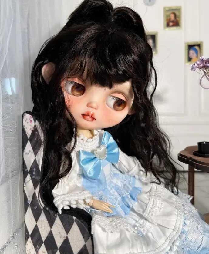 1 piece of vintage style clothing blythe doll outfit blue bow one piece dress 1/6 30cm (suitable for Pullip Ob22/24/26 Licca) X250318