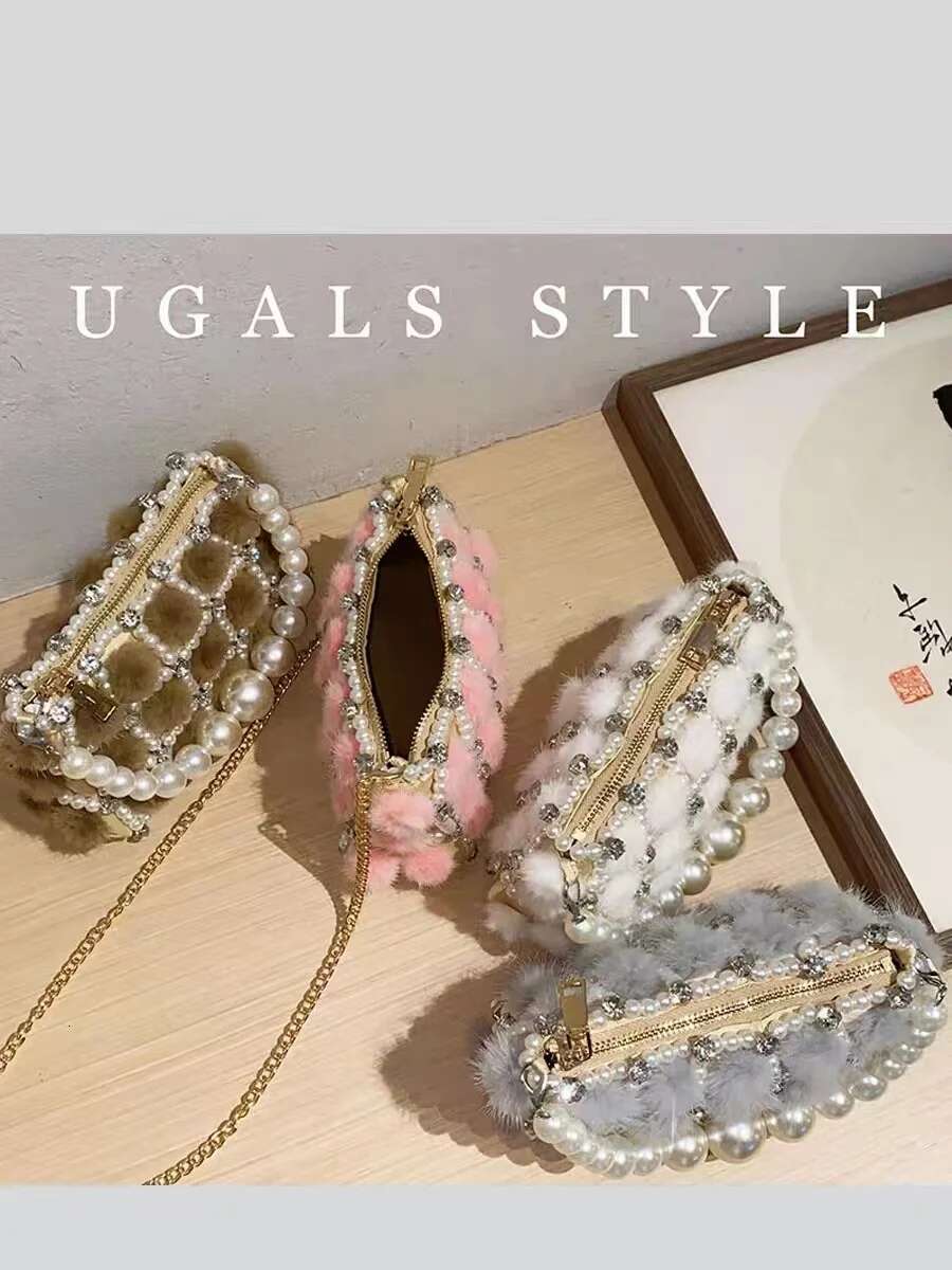 Mink Hair Pearl Beading Square Women Handbag Glitter Dias Evening Wedding Party Clutch Purse Crossbody Bag