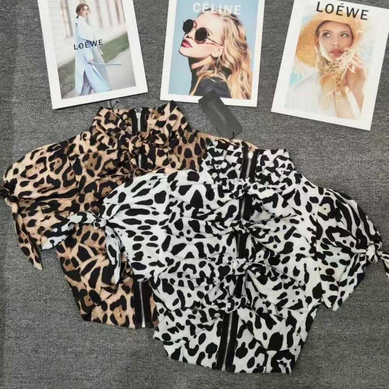 2024 Summer New Animal Pattern Knot Decoration Short Sleeve Top Round Neck Strap Up Shirt