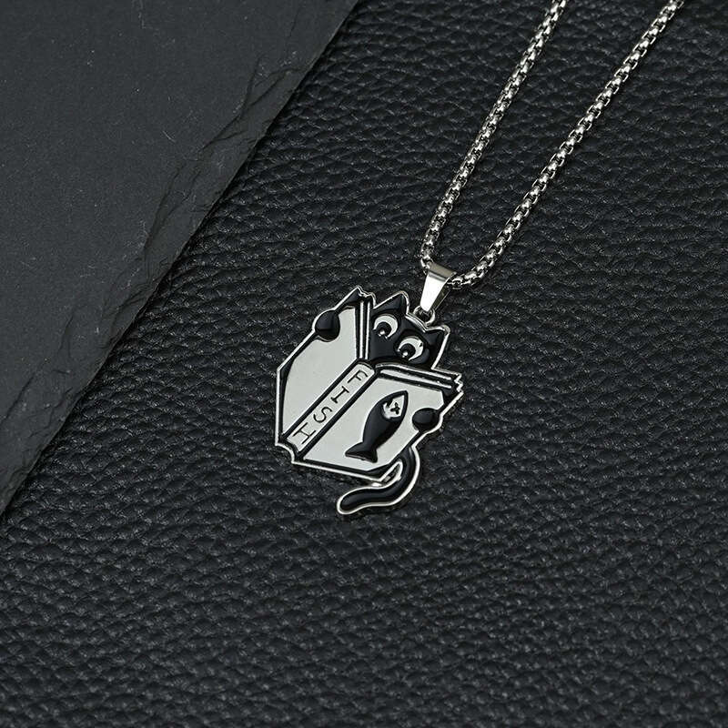 FISH Reading Necklace Stainless Steel Ins Small and Minimally Creative Learning Little Black Cat Cute Pendant