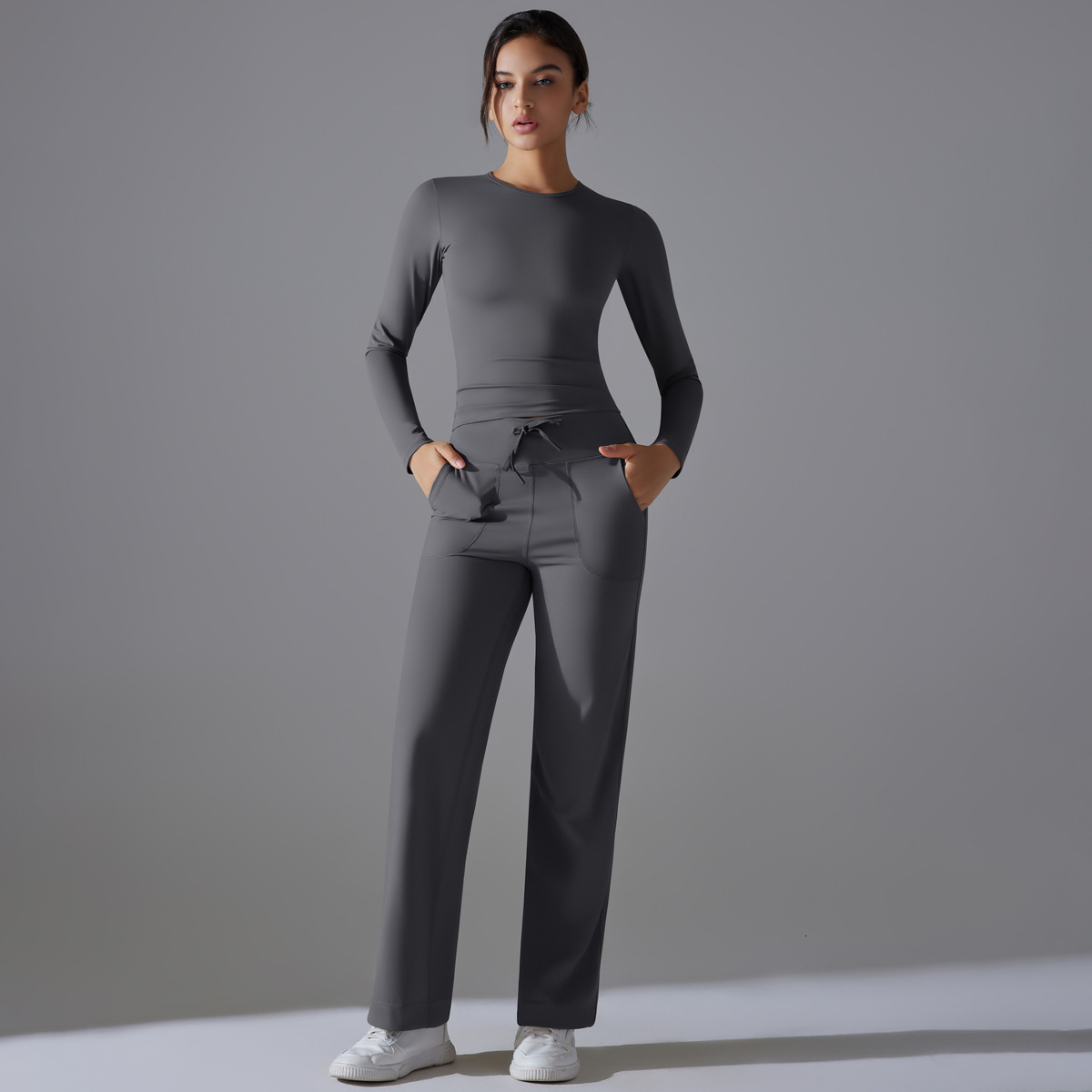 tracksuit Double sided nylon solid color long sleeved yoga suit set, high waist wide leg sports running fitness two-piece set leggings