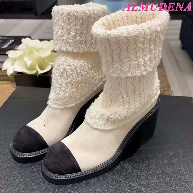 Women's 2025 New In Black And White Chunky Heel Sock Boots Designer Round Toe Booties Elegant Party Knit Shoes