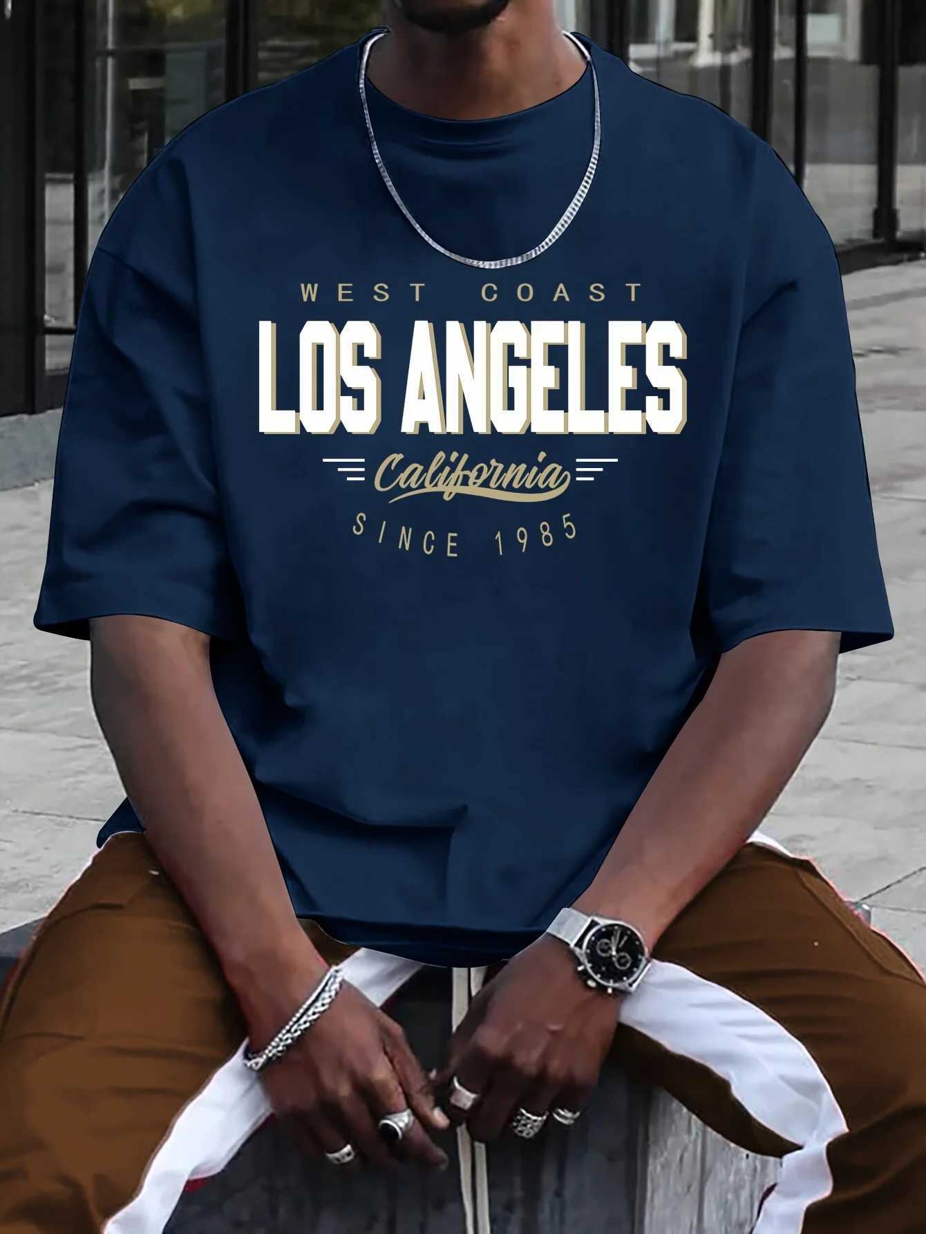 Summer mens 100% cotton comfortable casual loose plus size LOS ANGELES printed sports round neck short sleeved T-shirt topT250318