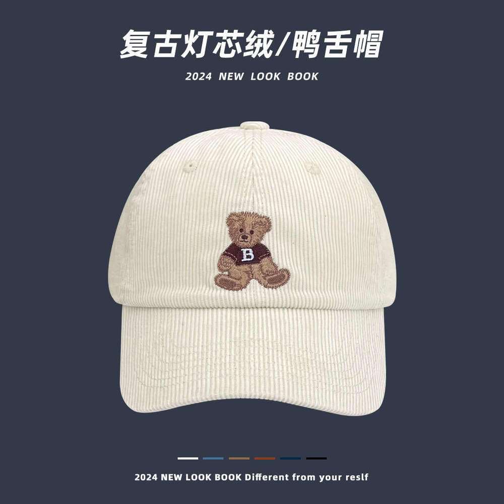 Corduroy duckbill for women in spring and autumn, color blocked brown bear, big head circumference, face highlighting, small baseball cap