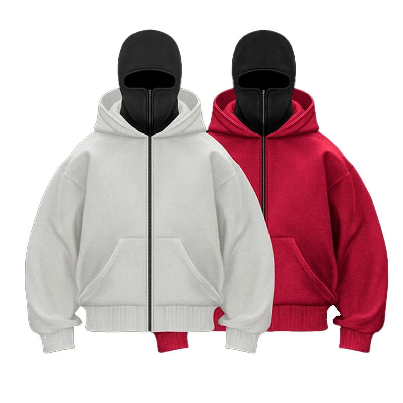 Y2K Gothic Harajuku Double Hat Sportswear Winter Hoodie Ninja Mask Loose and Versatile Winter Windproof Hoodie 250318