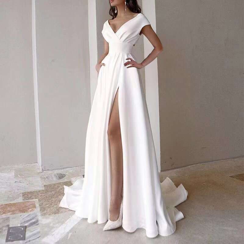 breast wrapped ruffled red, black, white mid waist solid color commuting long evening dress, 2025 new style, chic and elegant clothing