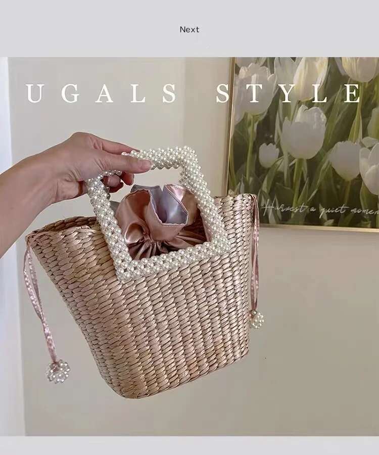 Fashion Women's Handbag Straw Woven Handmade Bucket Pearl Beaded Handle Tote Holiday Beach Large Capacity Casual Bag