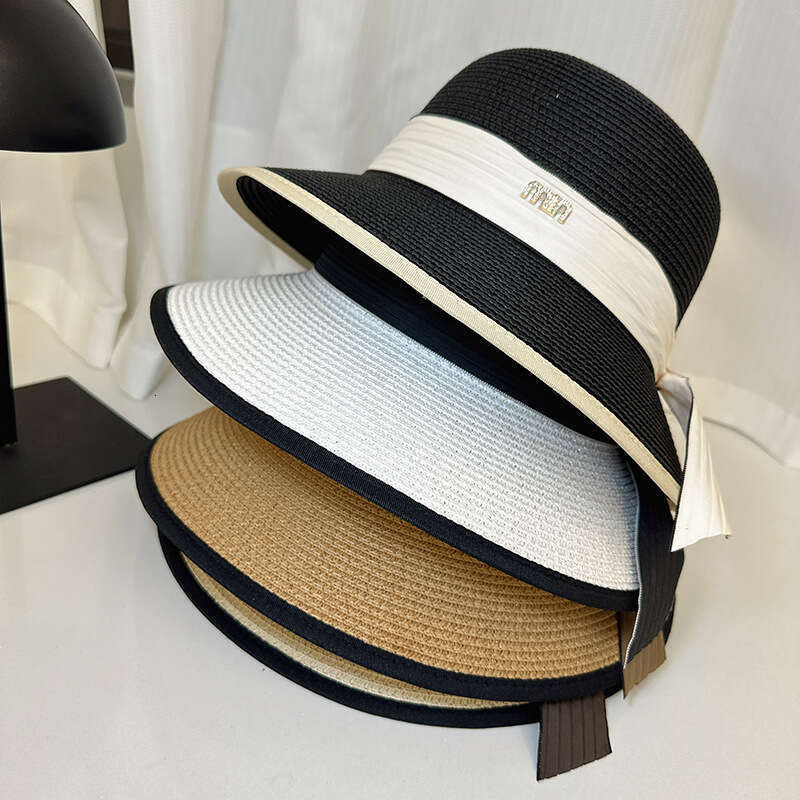 Summer metal letter label woven ribbon bow straw for women, beach vacation hat, outdoor protection sun hat