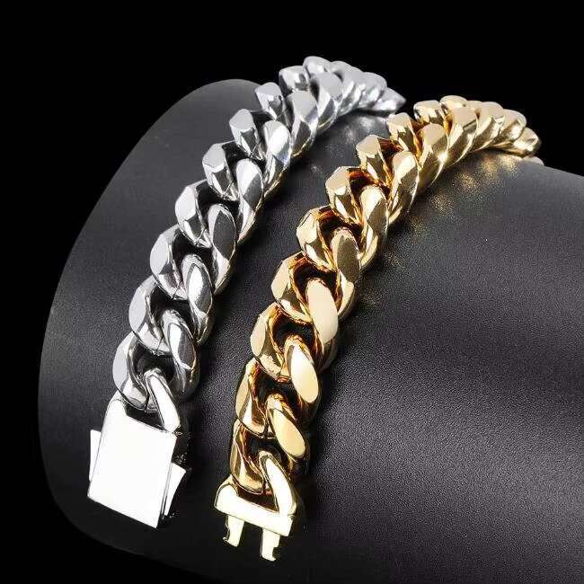 Hip hop zircon Miami Cuban chain, stainless steel bracelet, round ground password, men's rap spring buckle bracelet