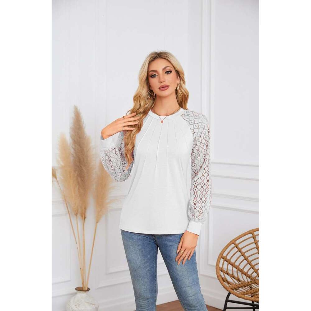 autumn winter popular European American women's lace patchwork round neck pleated long sleeved top T 2025 new style chic and elegant clothing