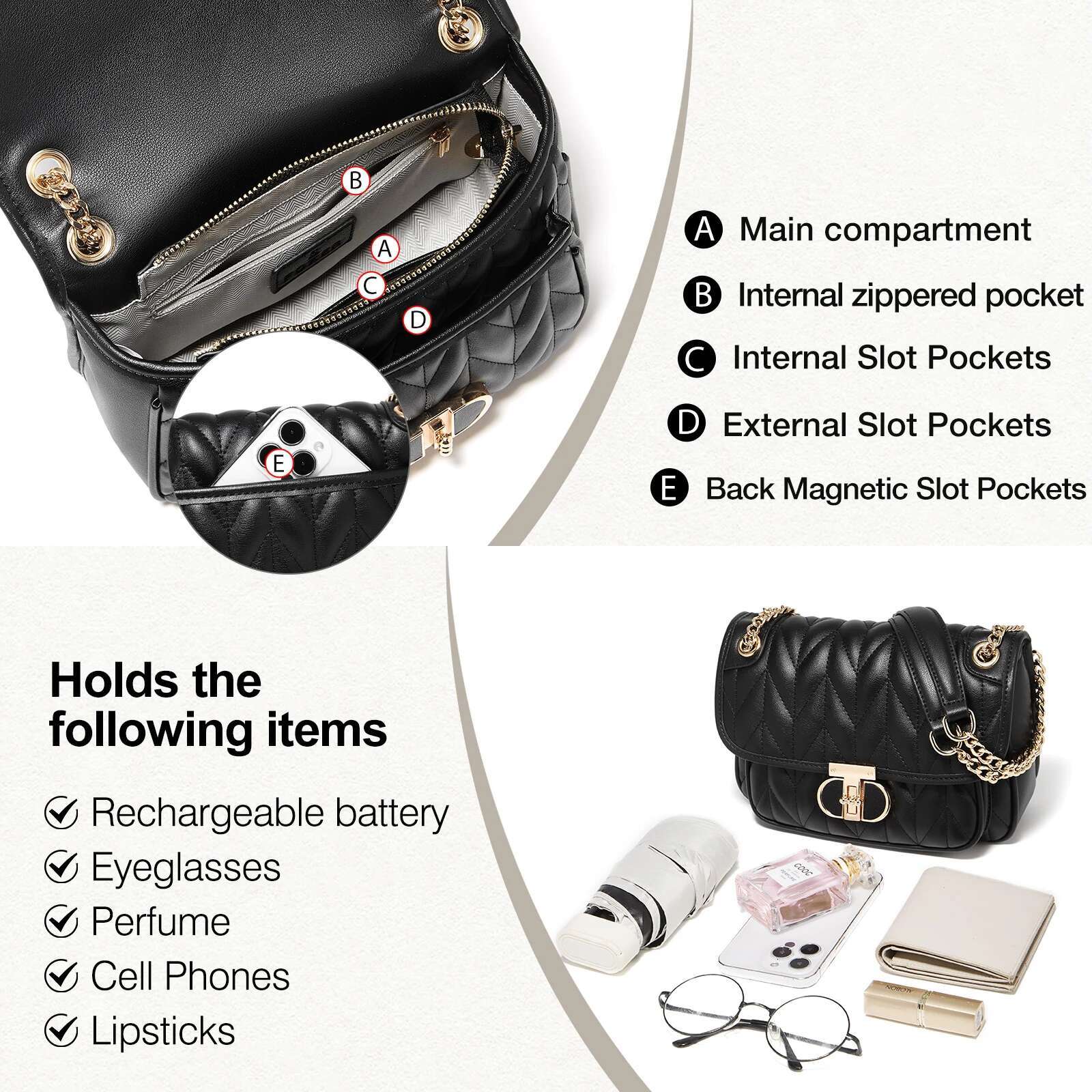 FOXER Women Leather Shoulder Bag Lady Classic Quilted Chain Crossbody Handbag Chrismas Valentine's Day Gift