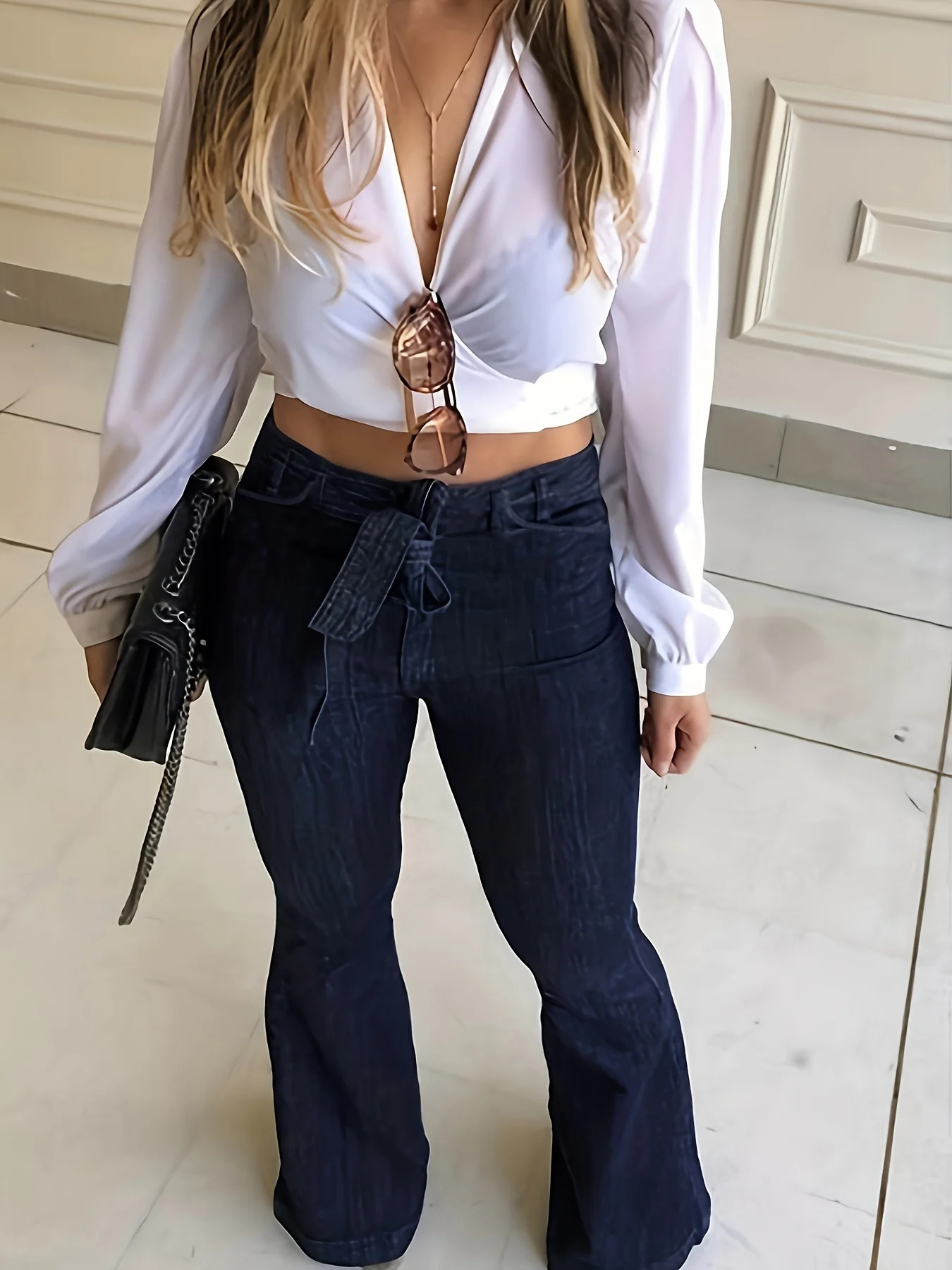 Navy Blue Flared Jeans Autumn High Stretch with Belt Bell Bottom Wide Leg Womens Denim and Clothing 250317