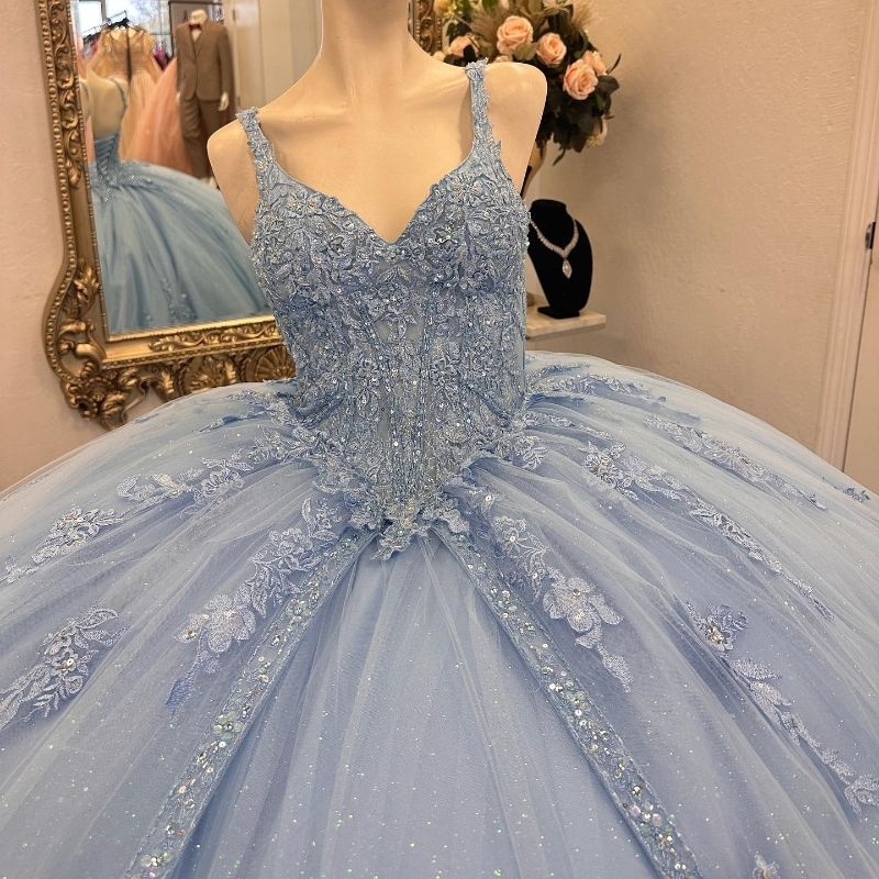 Sky Blue Shiny Ball Gown Quinceanera Dresses Appliques Lace Tull Beads Birthday Party Mexican Vestidos De 15 anos Sweet 16 Dress