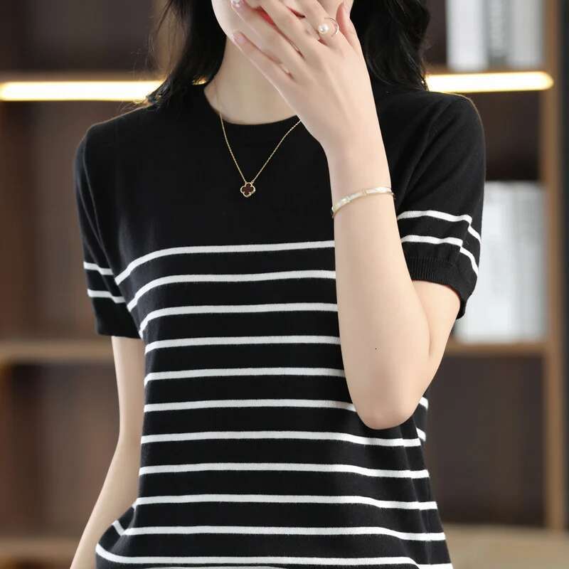 100% Pure Cotton T-Shirt Women's Knitted Striped Short Sleeved Casual Round Neck Tees Summer Basic Loose Tops Versatile