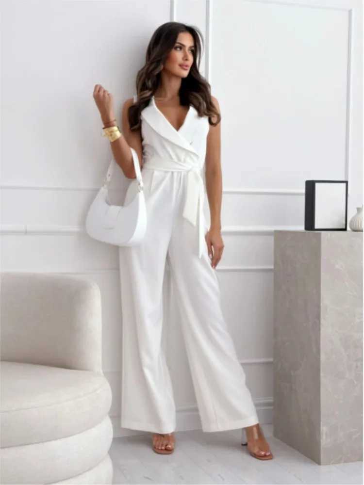 Womens Jumpsuits Elegant Office Lady 2024 Summer Slveless Solid Color Belt High Waist Wide Leg Pants Jumpsuit Casual Playsuit X250318
