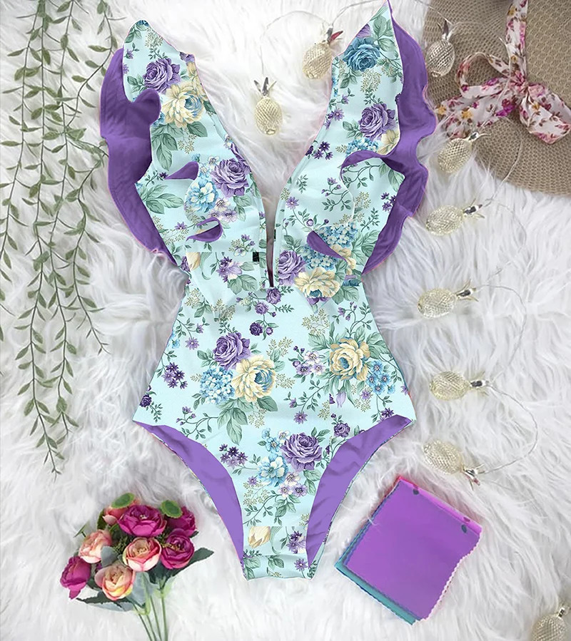Discount Ruffle Swimwear V-Neck Shoulder One Piece Swimsuit Women Floral Printed Tropical Summer Beach Bathing Suit 250318