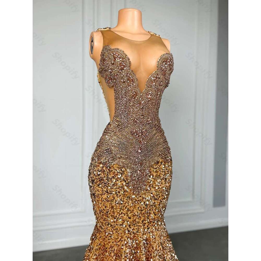 Sparkly Brown Dia Long Dresses For Black Girl Beads Rhie Gold Sequin Mermaid Prom Gowns 2025 Customized Dr0318