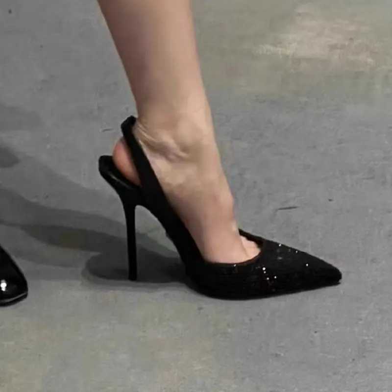 2025 Summer Black Pump New Pointy Diamd High H Wen Beautif Sexy Hollow Bag E-Button Sandals Y250317