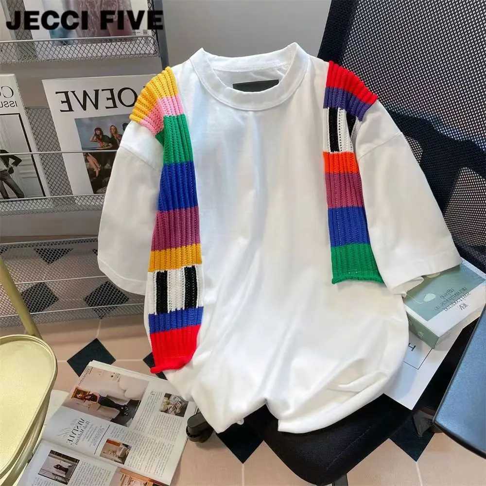 Oldyanup mens oversized 100% pure cotton T-shirt fashion patch work short sleeved loose casual T-shirt top summer streetwear unisexT250318