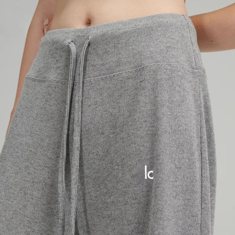 Fashion Loose Knitted Solid Wide Leg Pants Womens Floor Slimming Casual Trousers Simple Grey Black Drawstring Straight 250317
