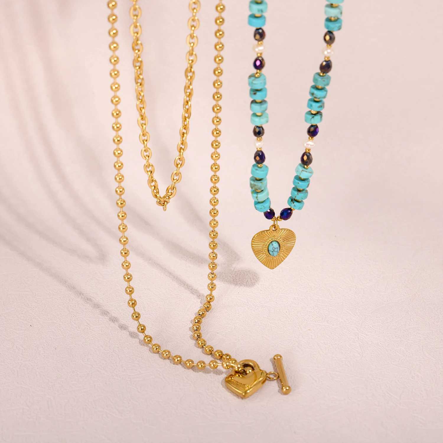 CARLIDANA Fashion Natural Stone Gold Color Turquoise Pendant Necklace Personality Multilayer Irregular Stainless Steel Jewelry W250318