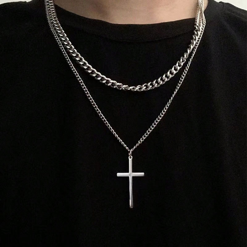 Hee Ha Men Double Pendant Necklace Titanium Steel Tag Metal Chain Sweater Chain Jewelry