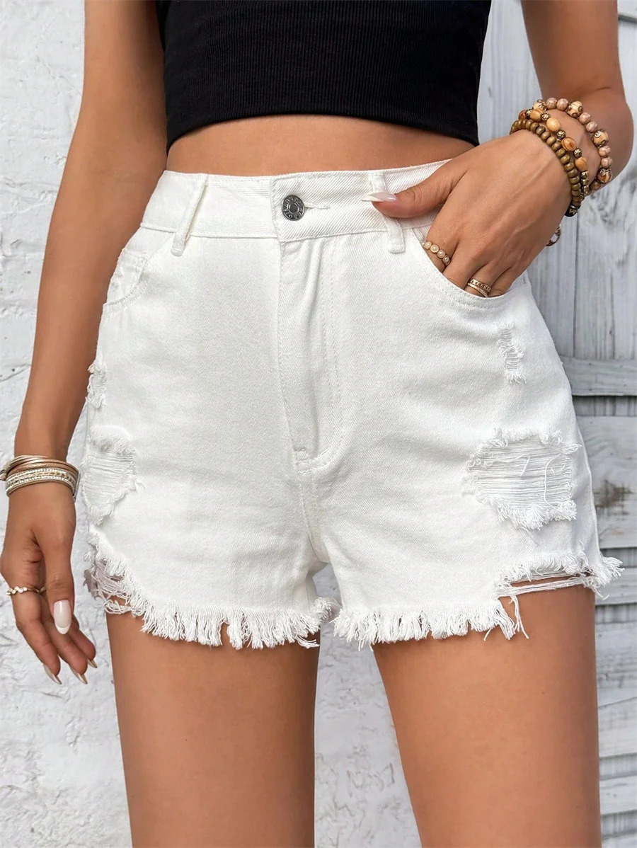 Benuynfy vintage washed torn denim shorts for womens summer high waisted casual streetwear twisted hem jeans shorts for women 250314