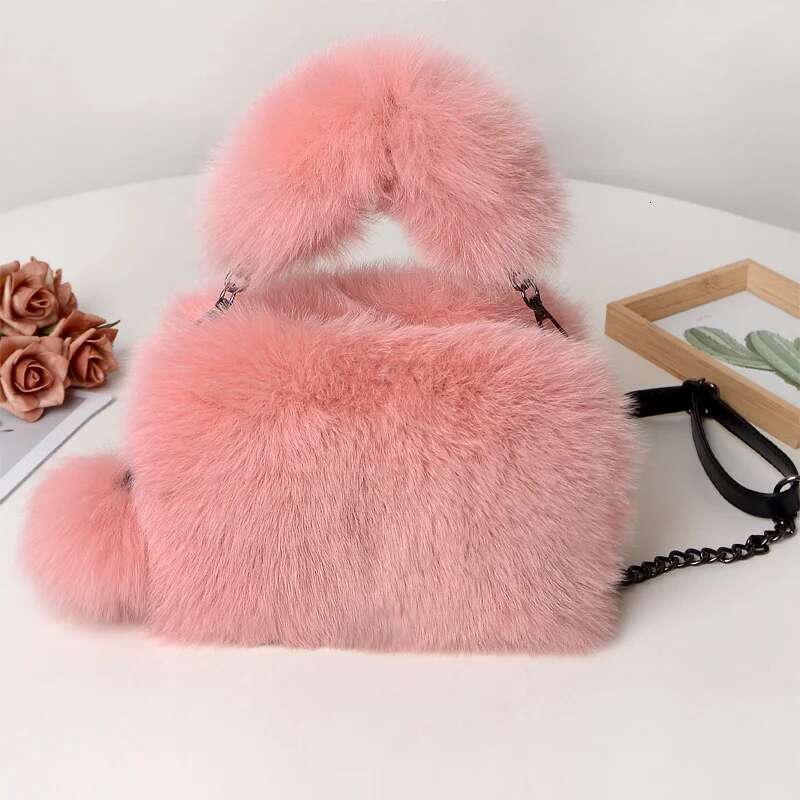 Real Fox Winter Natural Fur Square Women Single Shoulder Chain Handbags Evening Party Clutch Bag Furry Totes