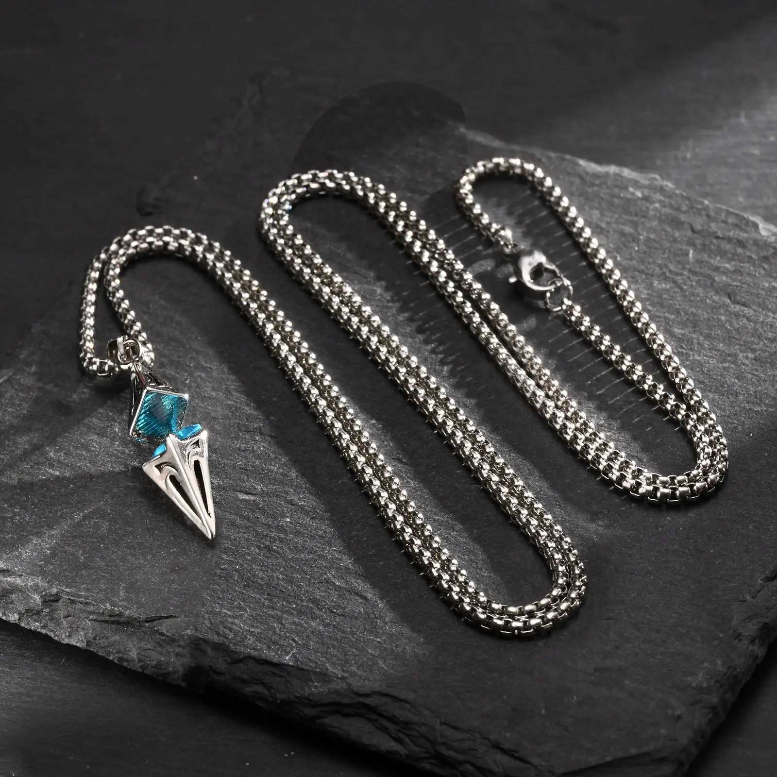 Mens Fashion Blue Stone Necklace Stainless Steel Geometric Pendant Necklace Valentines Day Birthday Party Gift W250318