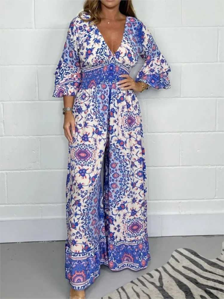 Womens sexy V-neck jumpsuit fashionable printed wide leg high waisted pants jumpsuit womens casual and elegant bohemian womens dress summer new style 