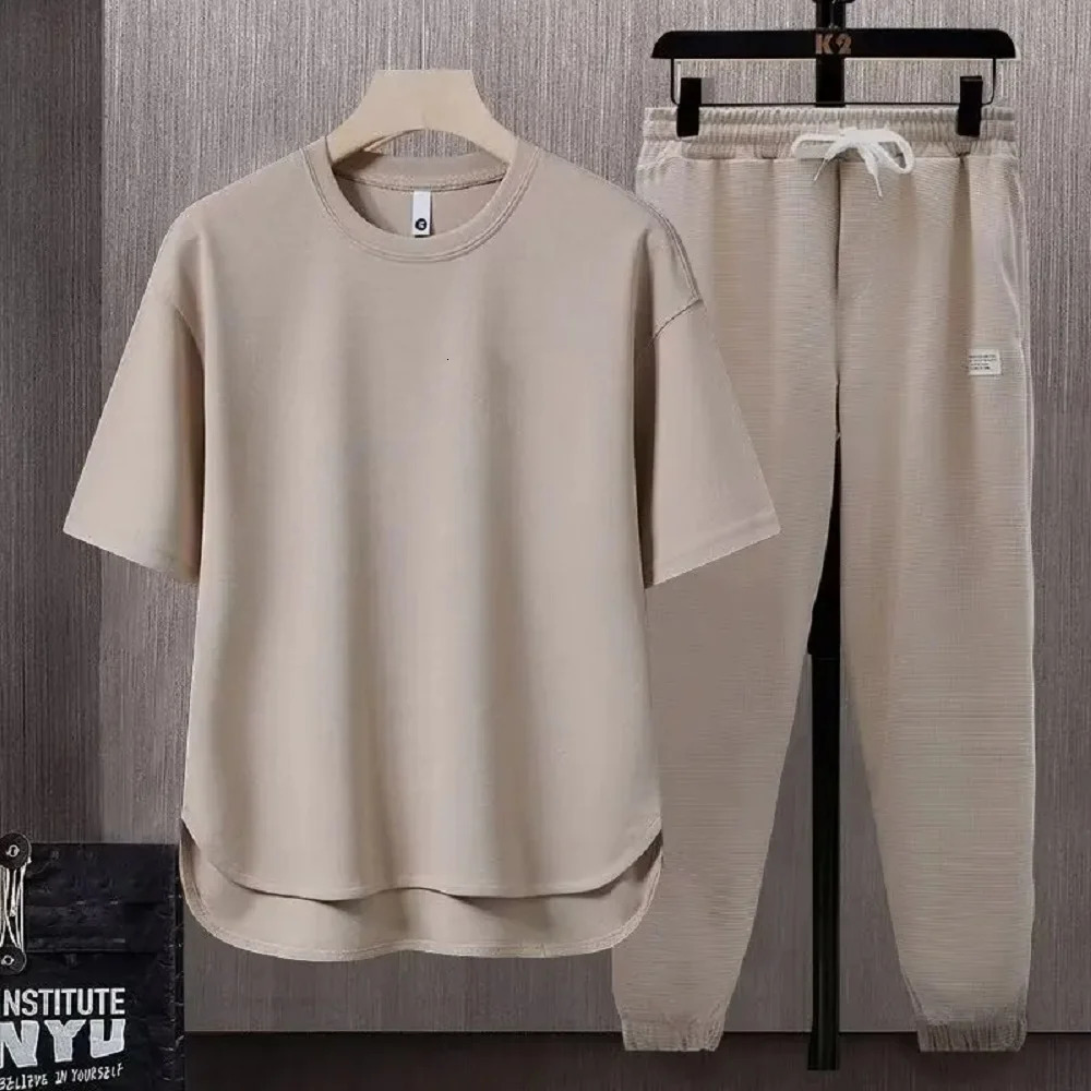 Summer Trend Loose Solid Color Breathable Mens Cotton Casual Short-sleeved Drawstring Pants Two-piece T-shirt Set 250318