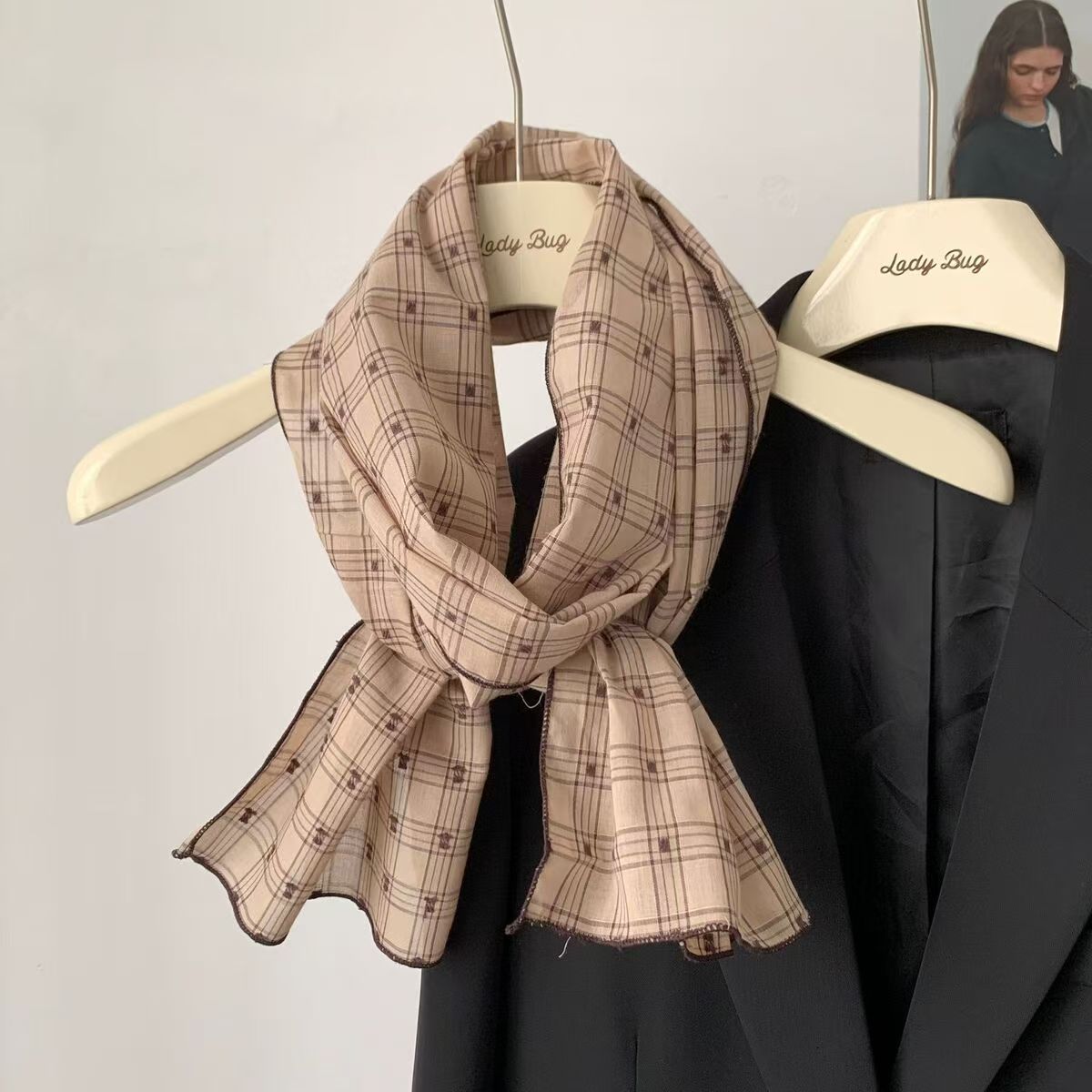 T306 Spring and Autumn Korean Japanese Small Scarf Cotton and Linen Scarf Women's Thin Versatile Narrow Slim Strip Decorative Silk Scarf
