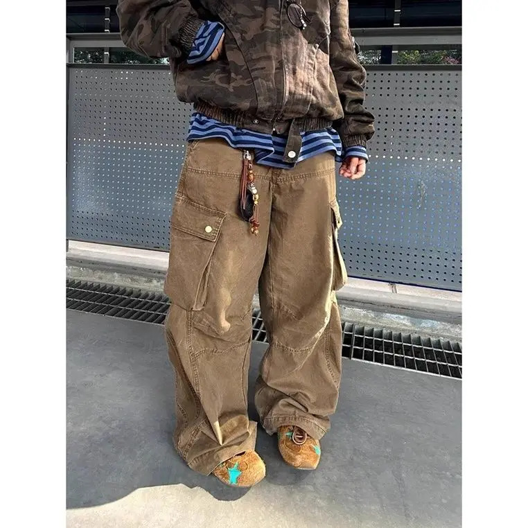 Y2K retro khaki pocket cargo denim pants for women oversized old washed loose men fashionable street casual straight jeans 250317