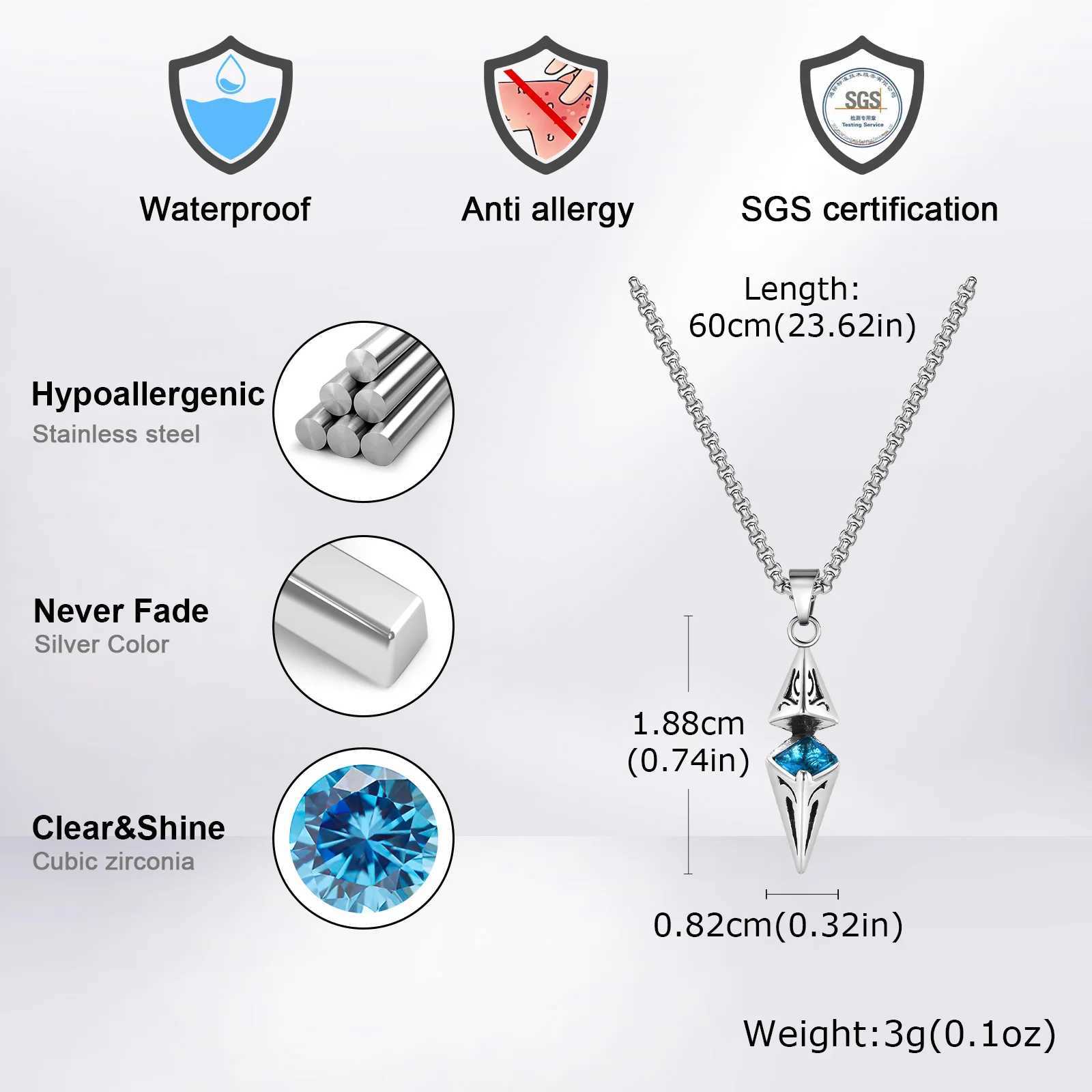 Mens Fashion Blue Stone Necklace Stainless Steel Geometric Pendant Necklace Valentines Day Birthday Party Gift W250318
