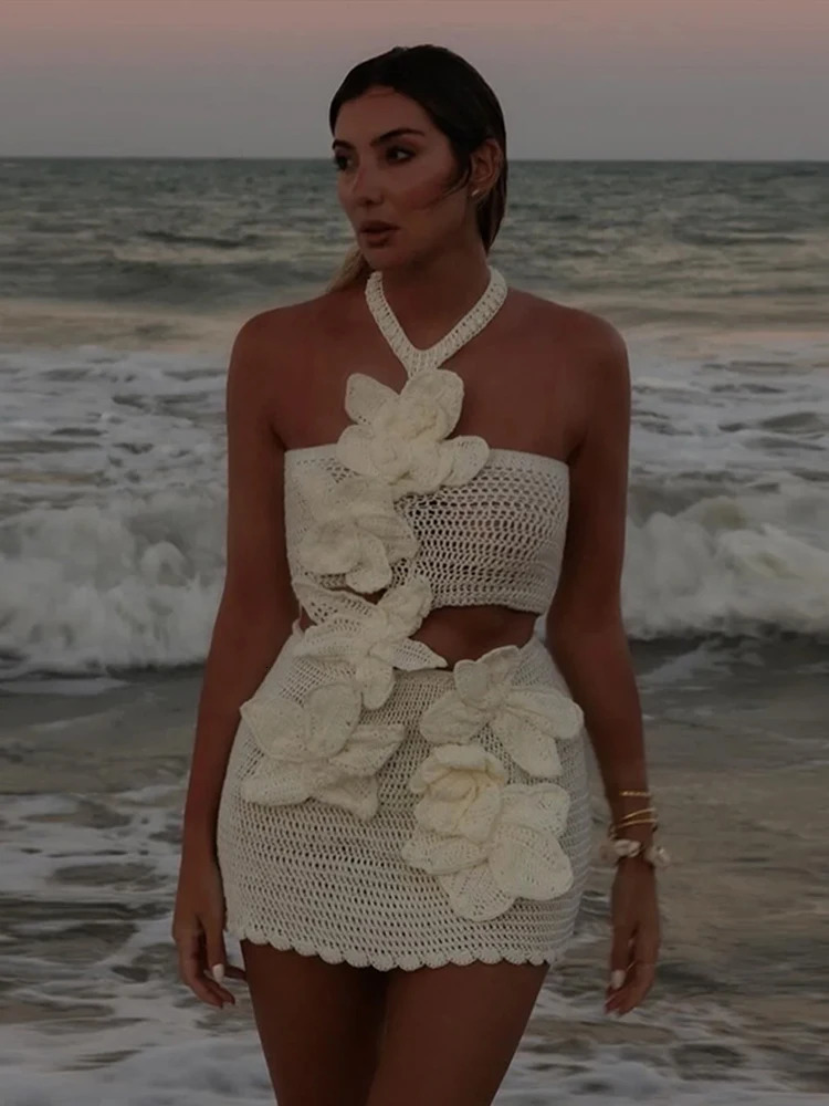 Beach Knit 3d Flower Dress Women Sleeveless Halter Sexy See Through Female Dresses 2025 Spring Summer Hollow Out Holiday Robes 250318