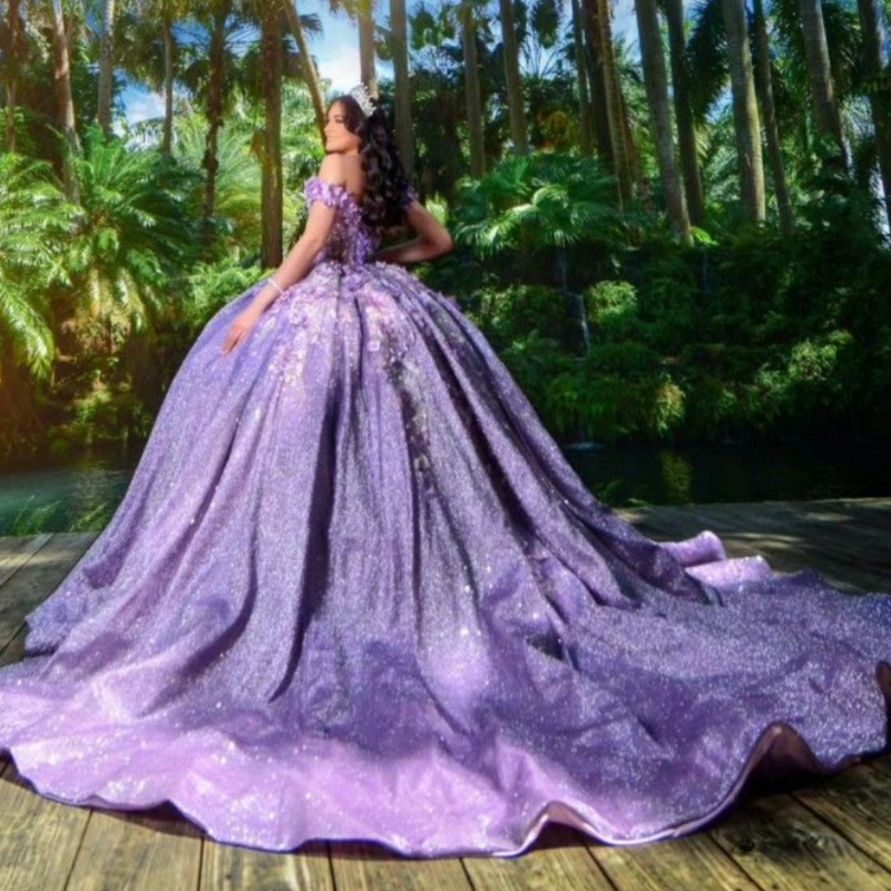 Lavender Shiny Quinceanera Dresses Beads 3D Flower Applique Lace With Cape Sweet 16 Dress Birthday Party Ball Gowns Lace up Vestidos De 15 Anos