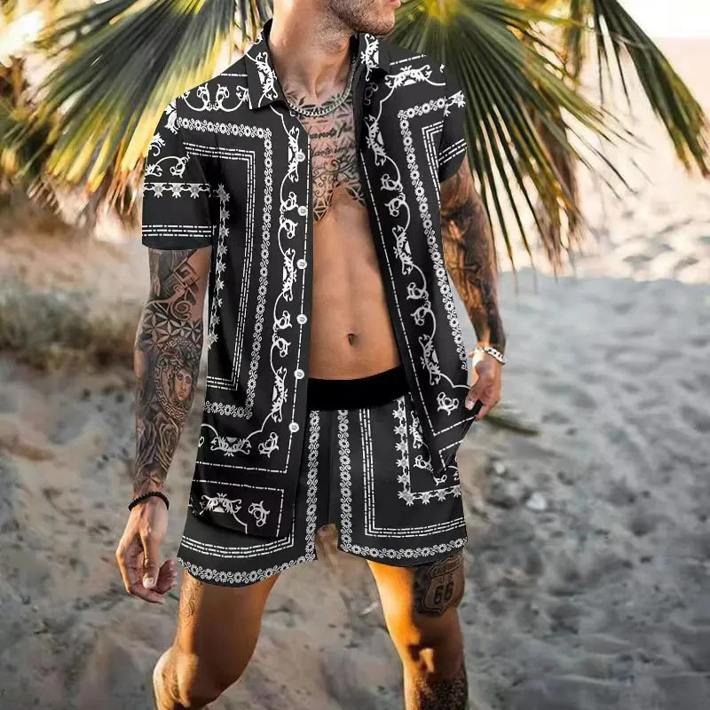 Vintage Men Shirts Sets Summer Golden Horse Print Beach Short Sleeve Shirt Shorts Casual Trip Mens Hawaiian 2 Piece Suit S-5XL 250318