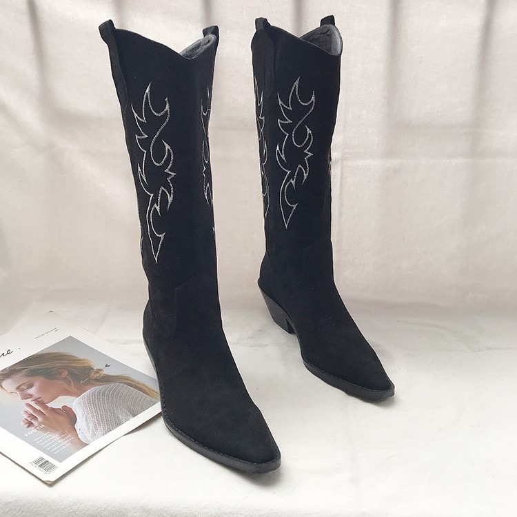 2025 new women's danxuefei natural leather 5cm chunky heel pointed toe slip-on autumn knee high western casual long boots hot c6d8