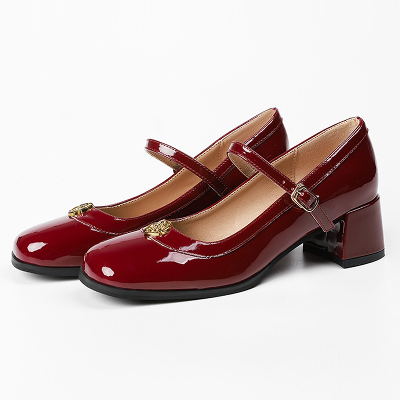 Women's single shoes new spring 2025 high heels square-toe slip-on chunky heel shoes Mary Jane shoes with one-word buckle and shallow mouth
