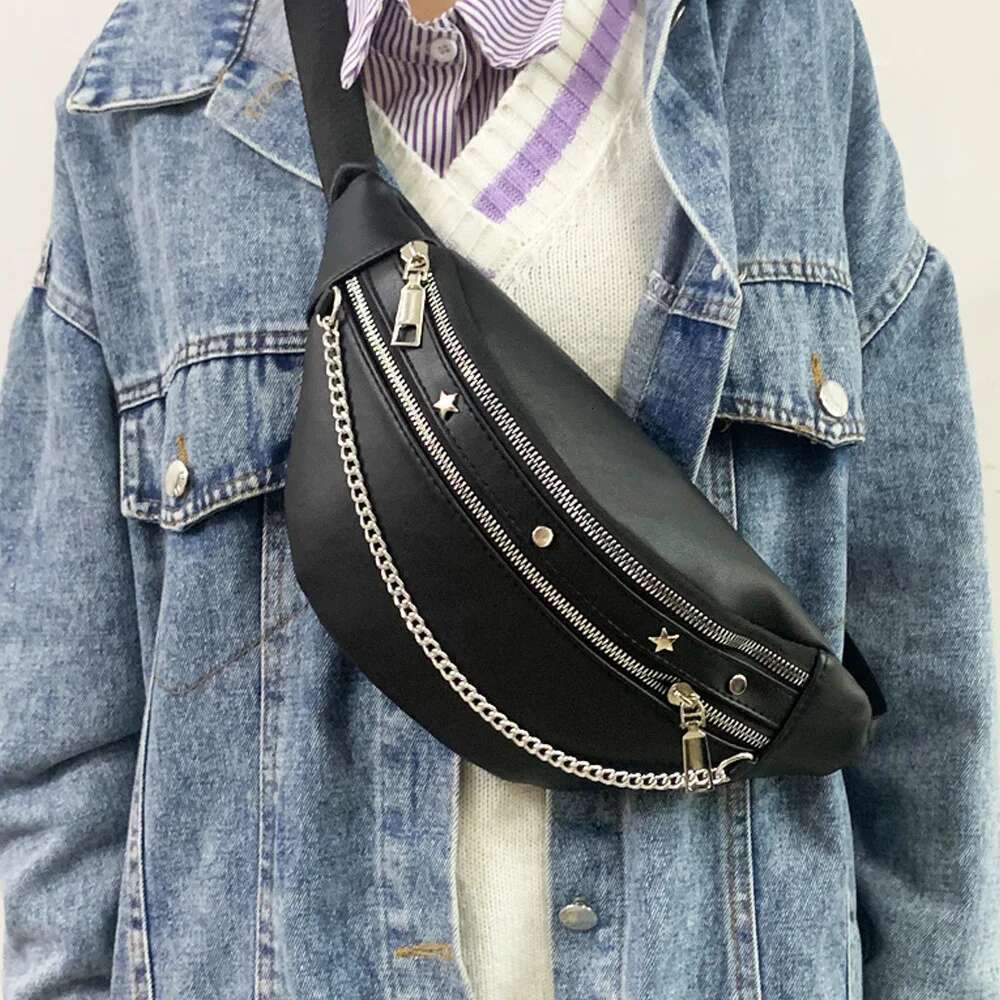 body for Cross women 2025 new PU waist punk chain rivet chest bag, fashionable and trendy women's bag , 's