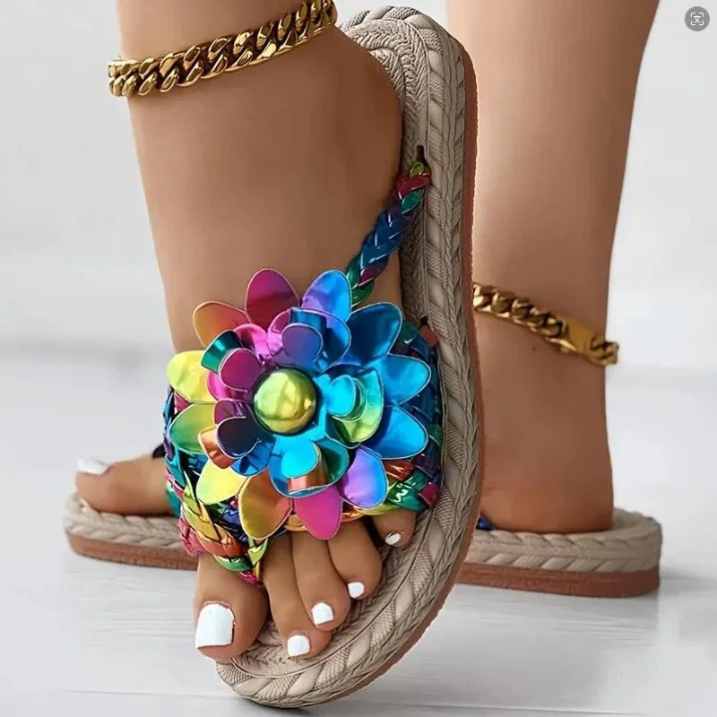 Women Slippers Fashion Casual Slippers Vacation Holiday Braided Floral Pattern Sandals Toe Post Beach Flip Flops Slides Women 250318