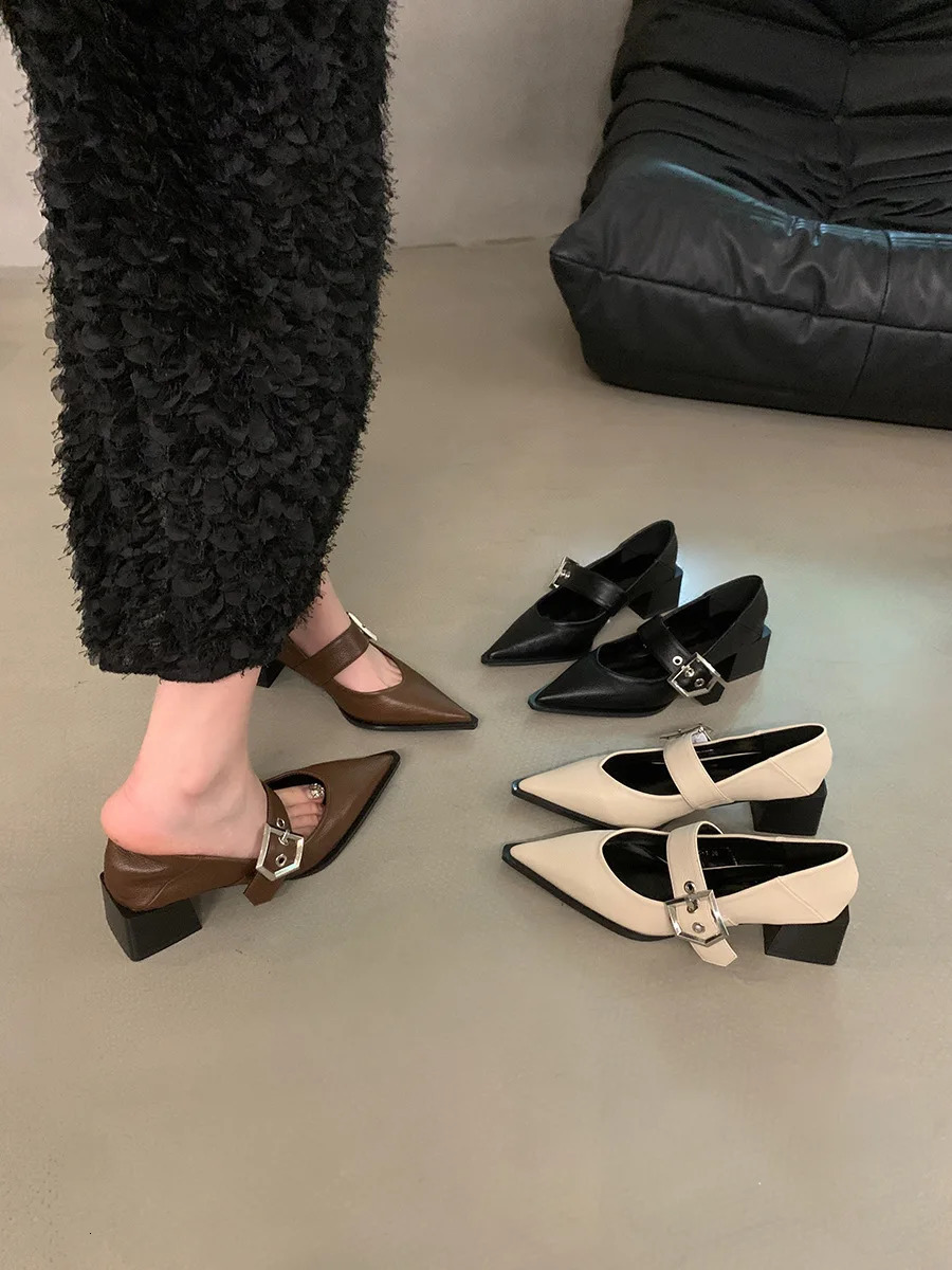 Retro Pointed Mary Jane Small Leather Shoes for Women Autumn and Winter Korean Version of Chunky Heel Loafers 250318