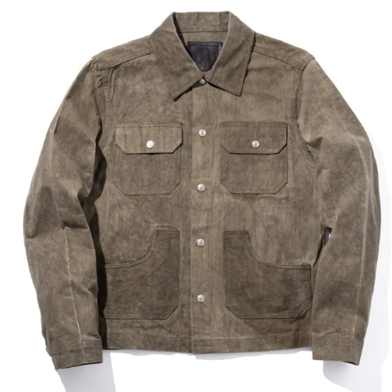Spring Fall mens oil wax jacket American vintage high quality heavy motorcycle multi-pocket Amei Khaki mens jacket size 2XL 250318