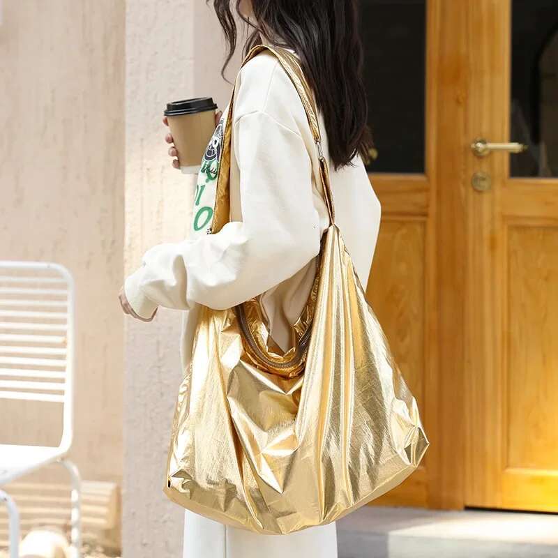 Solid Color Soft Tin Foil Shoulder For Women Korean Style College Student Large Capacity Messenger Casual Crossbody Bag