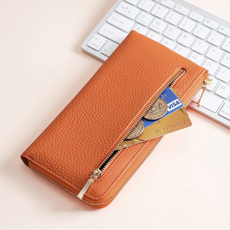 Leather long zipper wallet bag RFID card holder cowhide handbag coin wallet clutch phone bag 250317